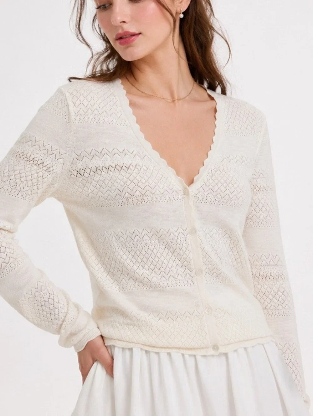 Frye Ivory Pointelle Cotton Cardigan Sweater Scalloped Hem Button Up XL